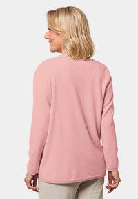 Helles rosa Sweatshirt aus weichem Stoff, mit lässiger Passform, langen Ärmeln und rundem Halsausschnitt. Sichtbare Nähte an den Ärmeln.