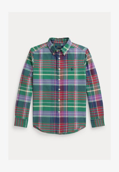 Kockás gombos ing zöld, piros és lila színekkel, gallérral, hosszú ujjal és hímzett logóval a mell részen.