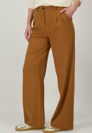 Pantalons à jambes larges marron en tissu lisse et léger avec des plis avant. Associés à des baskets rehaussées de détails dorés pour un look décontracté.
