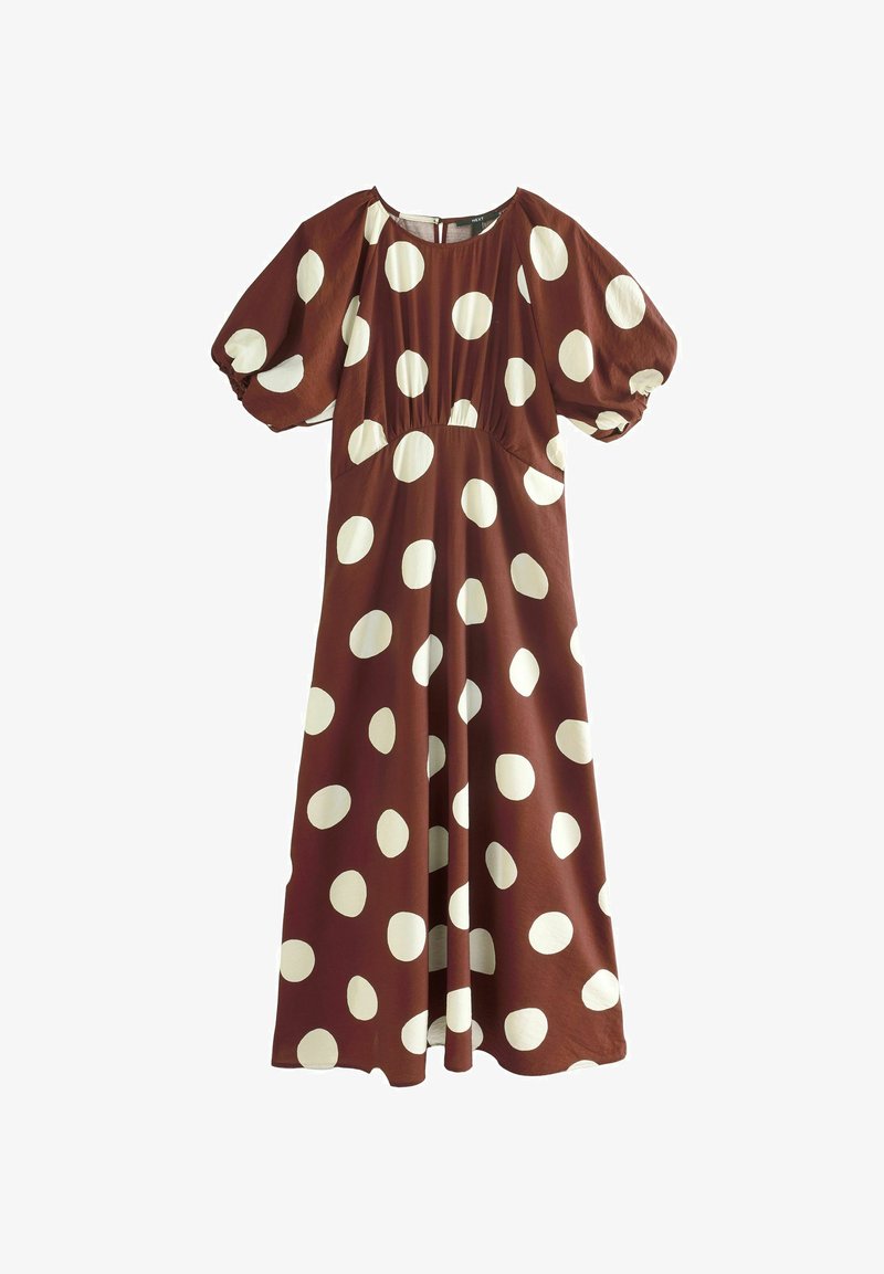 Hnedé midi šaty s veľkými bielymi bodkami, nafúknutými krátkymi rukávmi, okrúhlym výstrihom a detailmi s nariaseným pásom.