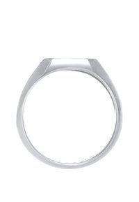 Silver ring with a sleek, geometric design, featuring a flat top and smooth, polished surface. Circular shape with a medium thickness.