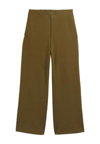 Wide-leg trousers in dark olive green fabric, featuring a smooth texture, high waistline, and subtle front pleats.