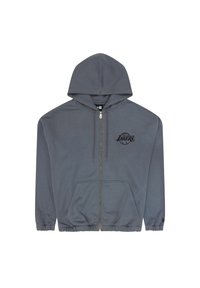 Felpa grigia con zip, cappuccio regolabile, polsini e orlo a costine. Presenta un logo nero dei "Los Angeles Lakers" sul petto.