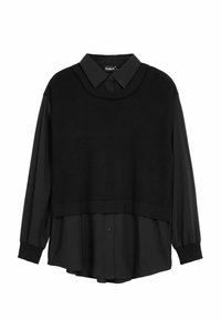 Zwarte gelaagde top met een gebreid cropped sweaterontwerp over een langearmige blouse. Textuurstof met een ronde halslijn en knoopsluiting.