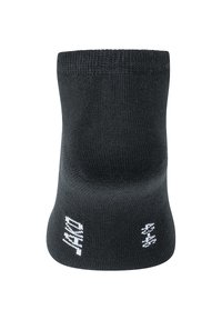 Schwarze Knöchelsocke aus dehnbarem Material. Mit weißem Logo und Zahlen an der Seite, strukturiertem Stoff und gerafftem oberen Rand.