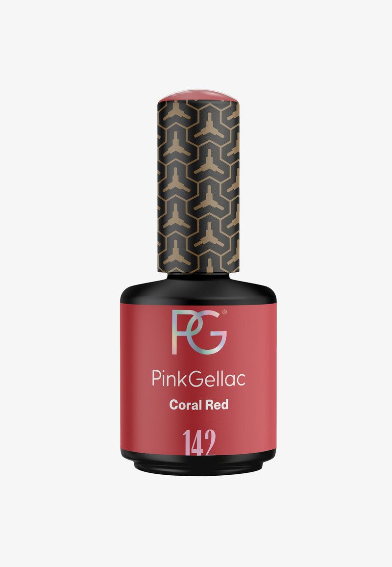 Korallenroter Nagellack in einer schwarzen Flasche mit einem geometrischen goldenen Muster auf dem Deckel. Enthält das Markenlogo und Produktinformationen in klarer Schrift.