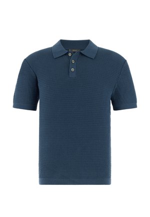 Marineblaues kurzärmeliges Strick-Poloshirt mit strukturiertem Muster, Drei-Knopf-Leiste und Standardkragen.
