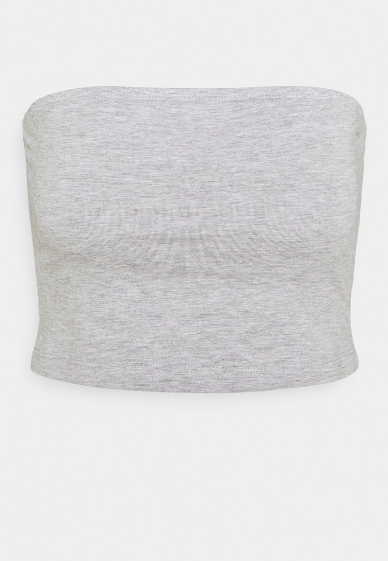 Šedý bezšvový bandeau top z měkké, elastické látky. Má rovný výstřih a přiléhavý střih pro hladkou siluetu.