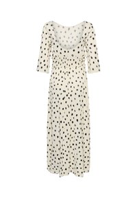 Robe midi couleur crème à pois noirs, manches trois-quarts, taille froncée et encolure dégagée.