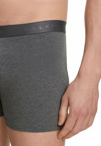 Boxer in cotone grigio con vita elastica nera caratterizzata dal logo "FALKE" in rilievo. Il tessuto ha una superficie liscia.