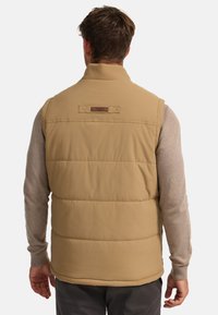 Gilet matelassé beige avec un col haut, des sections matelassées horizontales et une étiquette en cuir marron dans le haut du dos. Porté par-dessus une chemise à manches longues grise.