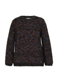 Texturerad svart tröja med färgglada prickar, långa ärmar och rund halsringning, med en mjuk, fluffig yta.