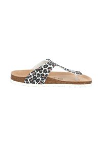 Infradito con stampa leopardo, con plantare in sughero, suola in gomma bianca e cinturini trasparenti. Parte superiore in tessuto testurizzato e design piatto.