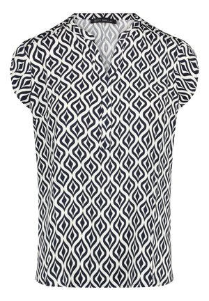 Blouse blanche sans manches avec motif géométrique abstrait noir et encolure en V avec patte de boutonnage partielle à l'avant.