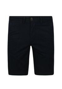 Marineblauwe katoenen shorts met een rechte snit, knoopsluiting en zijzakken. Een gladde textuur en nette stiksels.