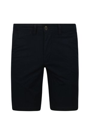 Marineblaues Baumwollshorts im geraden Schnitt, mit Knopfverschluss und vorderen Taschen. Glatte Textur und saubere Nähte.