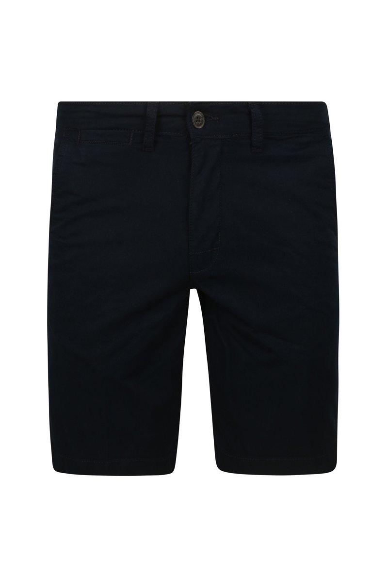 Marineblauwe katoenen shorts met een rechte snit, knoopsluiting en zijzakken. Een gladde textuur en nette stiksels.