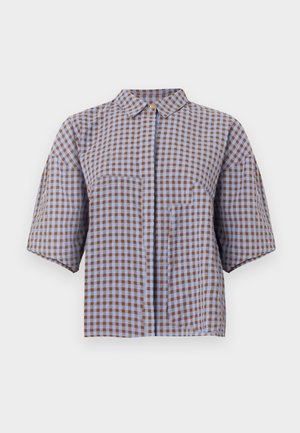 Korte mouwen overhemd met knopen in blauw-bruin ruitpatroon, voorzien van een kraag en twee zakken aan de voorkant met een losse pasvorm.