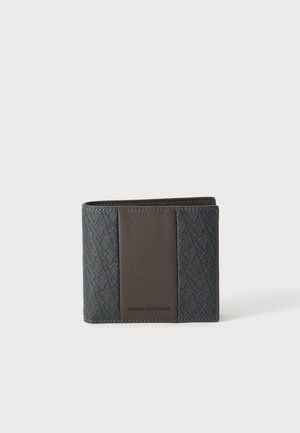 Μαύρο και σκούρο γκρι διπλώνω πορτοφόλι Armani Exchange με ανάγλυφα σχέδια και λογότυπο στο κεντρικό μπροστινό πάνελ.
