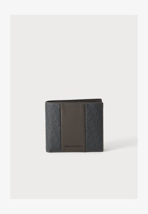 Sort og mørkegråt bifold Armani Exchange pung med præget mønster og logo på forsiden af midterpanelet.