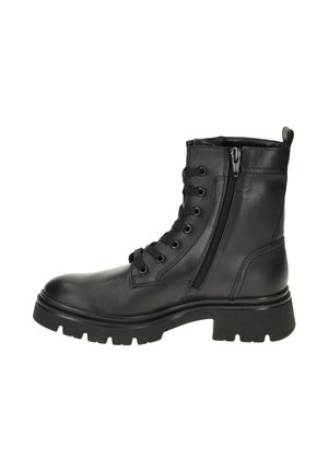 Schwarze Leder-Stiefelette mit Schnürung vorne und seitlichem Reißverschluss. Grober Sohlenaufbau mit genopptem Muster, gepolsterter Schaft für zusätzlichen Halt.