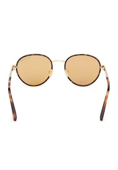 Runde Sonnenbrille mit Schildpatt-Fassung, goldfarbenem Metallsteg und -bügeln sowie braun getönten Gläsern, von vorne gezeigt.