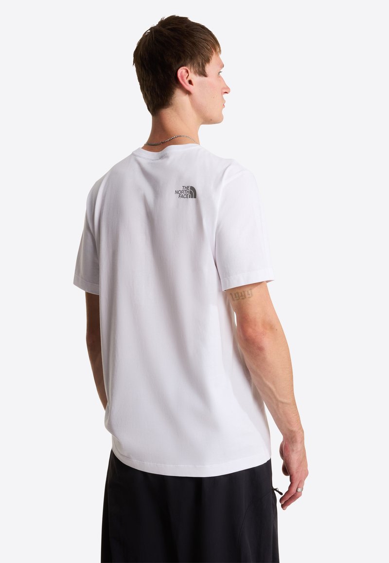 White short-sleeved t-shirt made of cotton. Features a small grey logo on the upper back. Smooth texture and classic crew neck design.