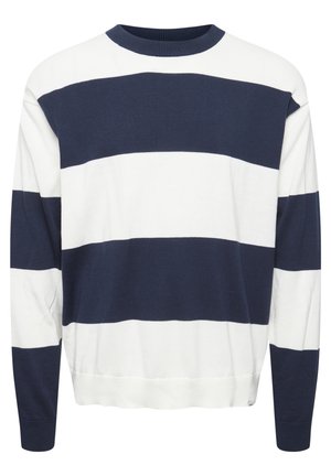 Pullover a righe navy e bianche con collo tondo, maniche lunghe, e polsini e orlo a costine, realizzato in un morbido tessuto a maglia.