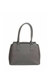 Sac cabas en cuir gris avec deux poignées supérieures, forme structurée, texture lisse et un motif de grain subtil. Comprend une fermeture centrale par languette.