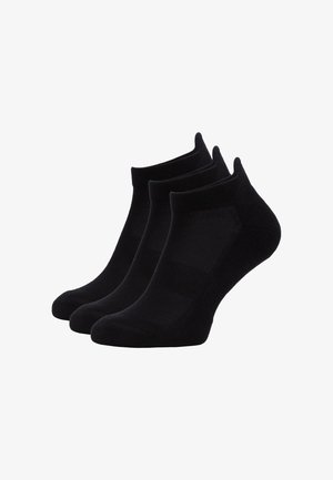 Zwarte enkelsokken in een verpakking van drie, met een gestructureerd ontwerp, rekbare stof en versterkte hiel en teen voor duurzaamheid.