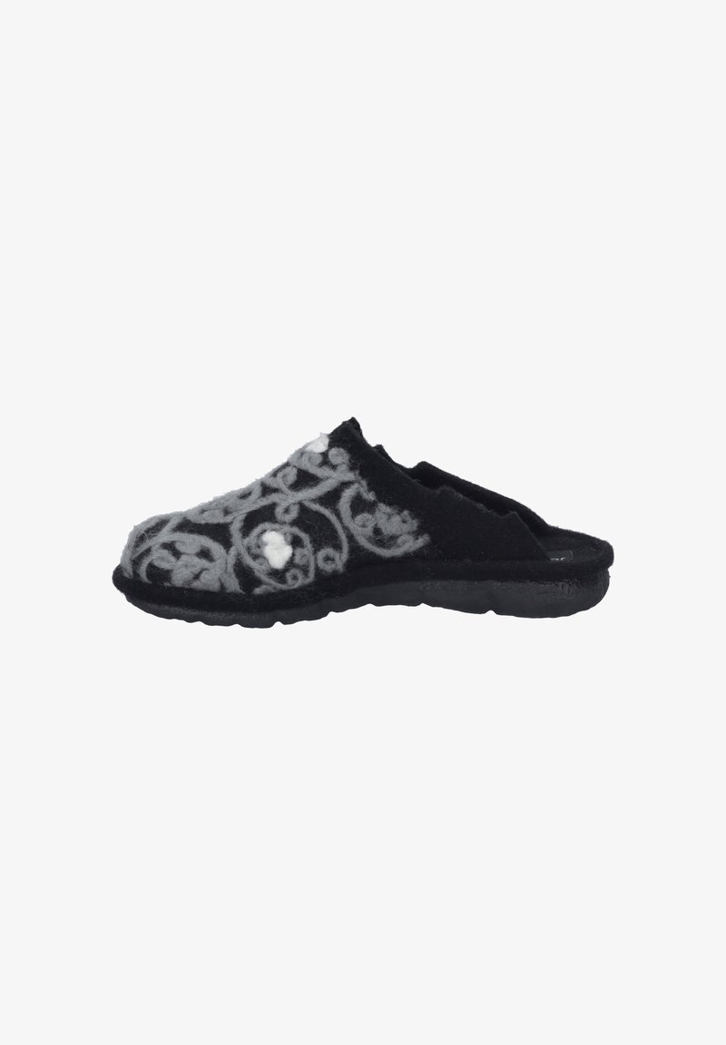 Chausson noir sans lacets avec motifs floraux gris et semelle texturée conçue pour le confort intérieur.