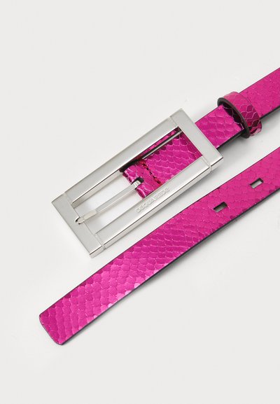 Pink textured leather belt with rectangular silver buckle engraved with brand name, and matching loop on a white background.