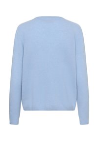 Lichtblauwe, zachte gebreide trui met een ronde halslijn, lange mouwen en geribbelde boorden. Soepele textuur met een losse pasvorm.