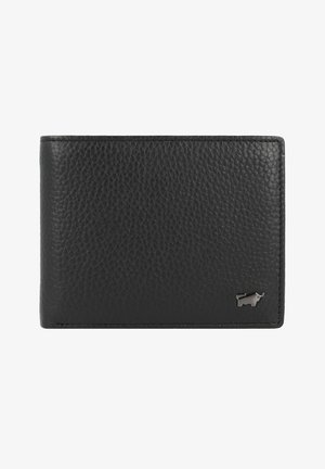 Schwarze Lederbörse mit strukturiertem Finish, ausgestattet mit einem kleinen metallischen Logoakzent in der unteren Ecke und einem schlichten, minimalistischen Design.