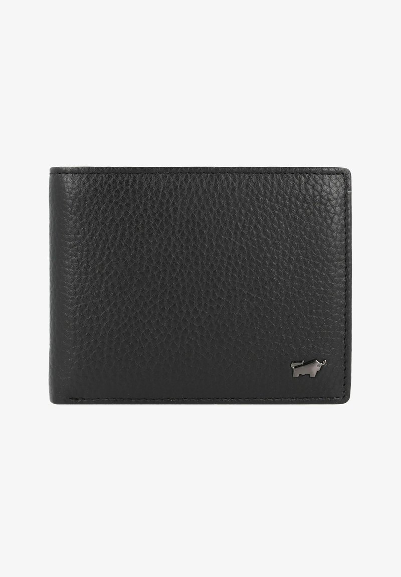 Portafoglio in pelle nera con finitura testurizzata, caratterizzato da un piccolo logo metallico nell'angolo in basso e un design semplice e minimale.