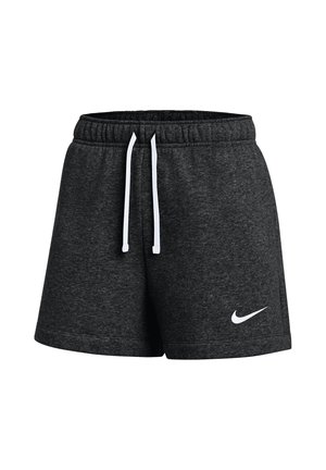 Dunkelgraue Nike Sportshorts mit weißem Kordelzug und weißem Nike Swoosh-Logo am unteren linken Bein, elastischer Bund.