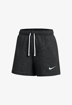Dunkelgraue Nike Sportshorts mit weißem Kordelzug und weißem Nike Swoosh-Logo am unteren linken Bein, elastischer Bund.