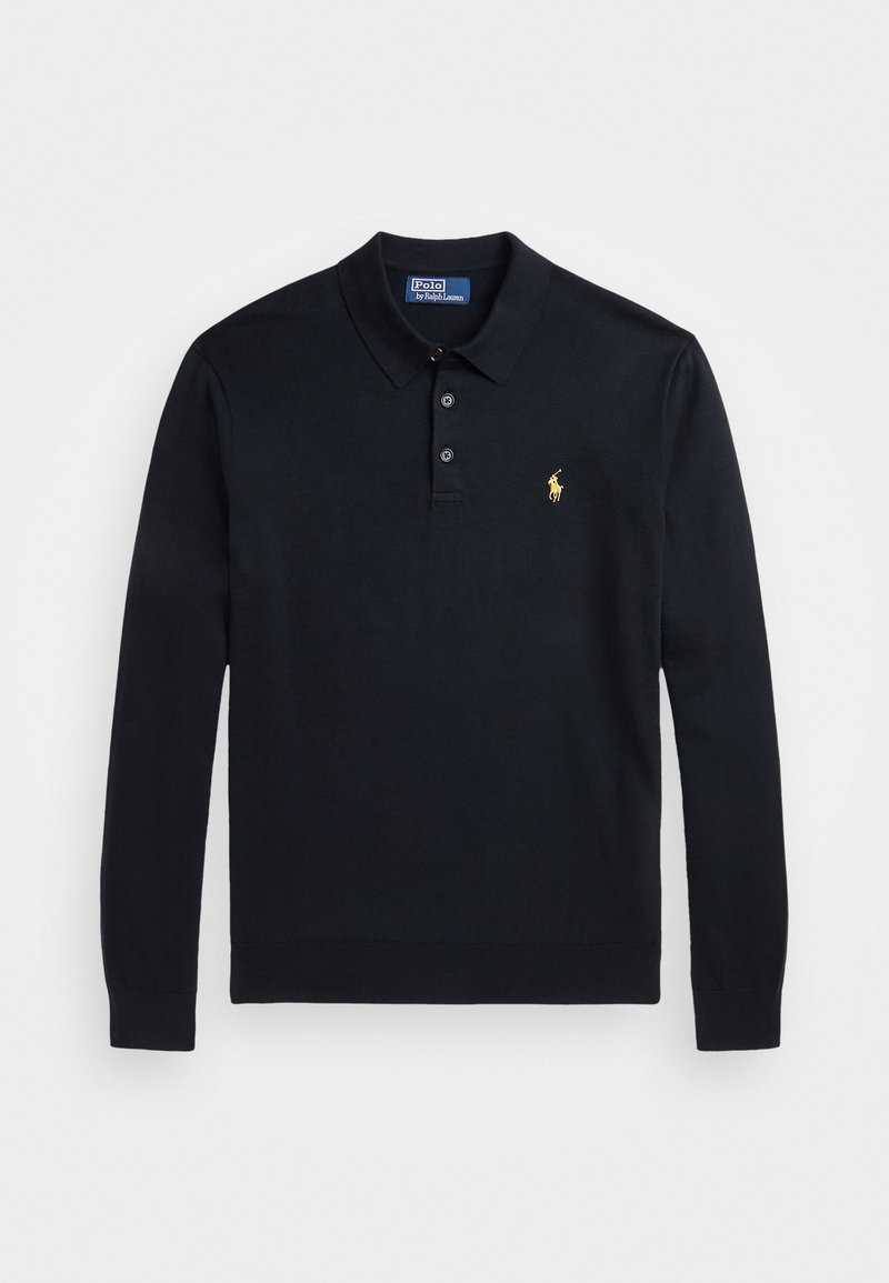 Polo noir à manches longues avec col boutonné et petit logo jaune brodé sur le côté gauche de la poitrine.