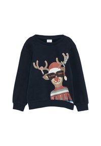 Donkerblauwe sweatshirt met een rendierafdruk met zonnebril, een kerstmanmuts en een gebreide trui. Lange mouwen met geribbelde manchetten.