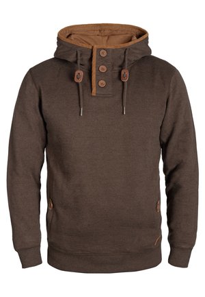 Brown hoodie made of soft material, featuring a high collar, brown buttons, and side pockets with buttons. Contrasting inner lining.