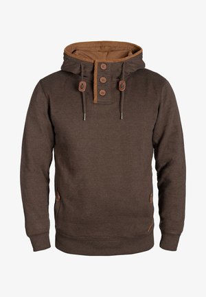 Brown hoodie made of soft material, featuring a high collar, brown buttons, and side pockets with buttons. Contrasting inner lining.