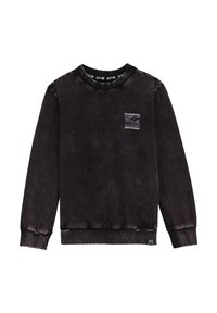 Schwarzes Sweatshirt mit langen Ä sleeves, einem gerippten Kragen und Bündchen, ausgestattet mit einem kleinen gestreiften Patch auf der Brust und einem lässigen Schnitt.