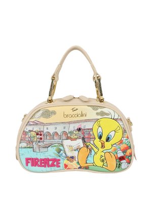 Borsa beige con paesaggio urbano colorato di Firenze, strumenti artistici e Tweety Bird che tiene un pennello, con manici e cerniera color oro.