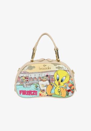 Beige handtas met kleurrijk stadsgezicht van Firenze, artistieke gereedschappen en Tweety Bird die een penseel vasthoudt, met goudkleurige handvatten en ritssluiting.