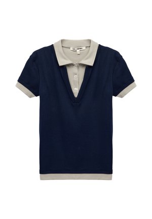 Kurzärmeliges marineblaues Poloshirt mit beigem Kragen, Knopfleiste, Ärmelnähten und Saum-Detail.