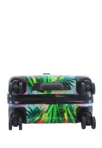 Hard-shell suitcase with vibrant green and pink botanical design, black wheels, and a top handle. Features a smooth surface and zipper.