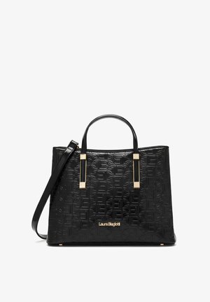 Borsa a mano in pelle nera con motivo "B" in rilievo, doppi manici superiori, tracolla removibile e logo "Laura Biagiotti" in oro sul davanti.