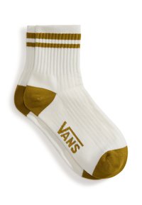 Weiße gerippte Socken mit senfgelben Akzenten an der Zehe und der Ferse, die zwei horizontale Streifen-Details aufweisen. "VANS"-Logo in Gelb gestickt.