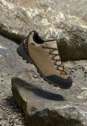Brauner und schwarzer Wanderschuh mit gemusterten Schnürsenkeln, Gore-Tex-Label und robuster Sohle, der über felsigem Gelände schwebt.