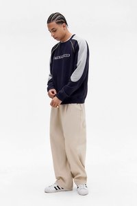 Joven con cabello trenzado que lleva un sudadera negra y gris, pantalones anchos beige y zapatillas blancas, de pie frente a un fondo blanco.